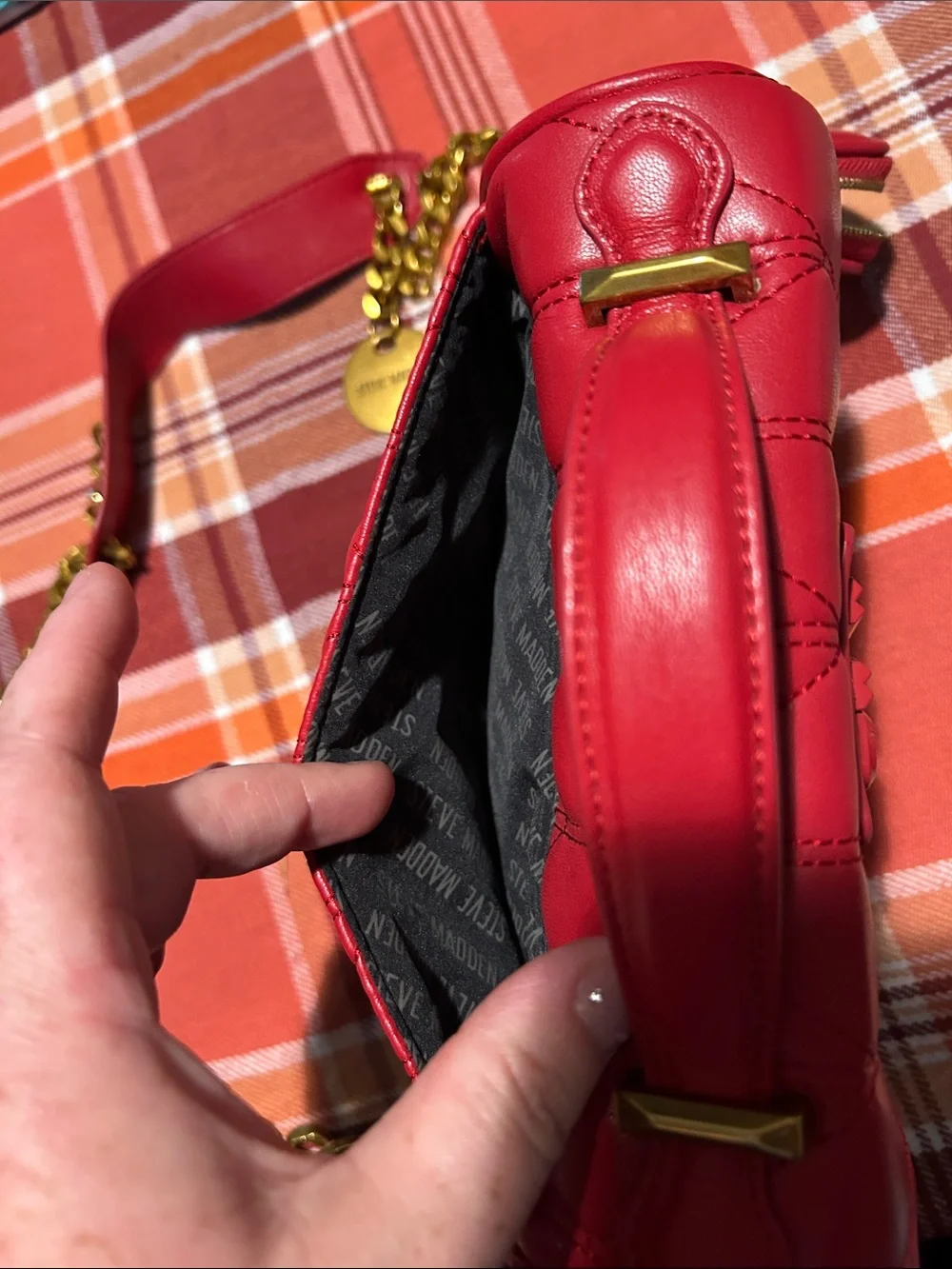 Steve Madden Red Quilted Crossbody Bag with Gold Chain Strap